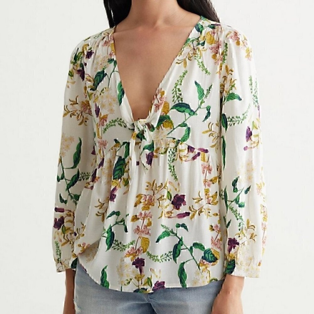 LUCKY BRAND Malia Peasant Top White Green Floral V-Neck Cutout Tie Long Sleeve